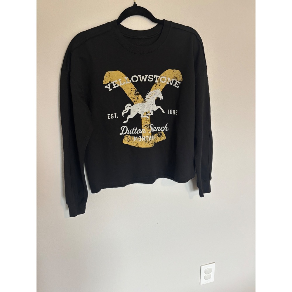 Yellowstone Dutton Ranch Graphic Cropped Sweatshirt Black Small Horse Logo TV